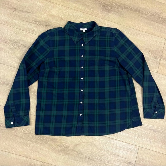 Talbots Plaid Button Up Shirt Top XL 100% Cotton Blue Green - Picture 1 of 8